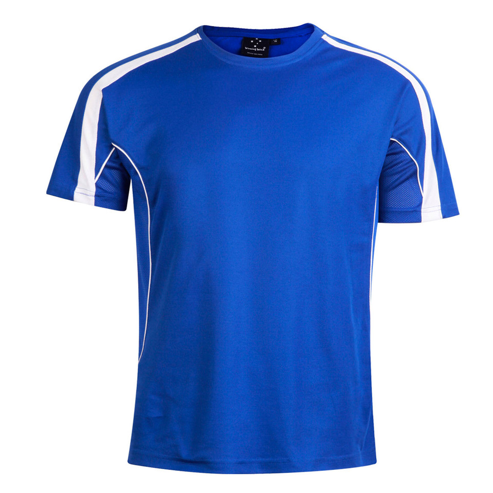 Royal blue kids sports tee with white contrast piping along shoulders and sides