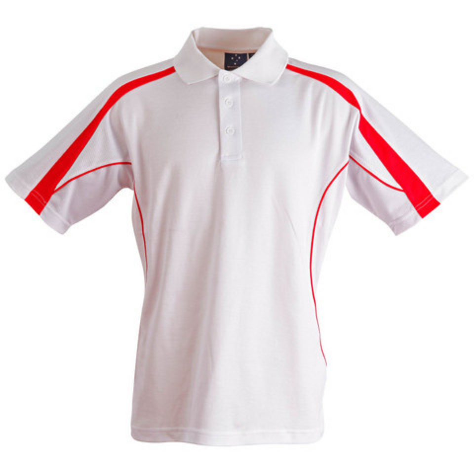 White + Red Loyal Men's Truedry Contrast Sport Polo Shirt, a quick-dry, moisture-wicking top ideal for team uniforms, golf, or activewear.