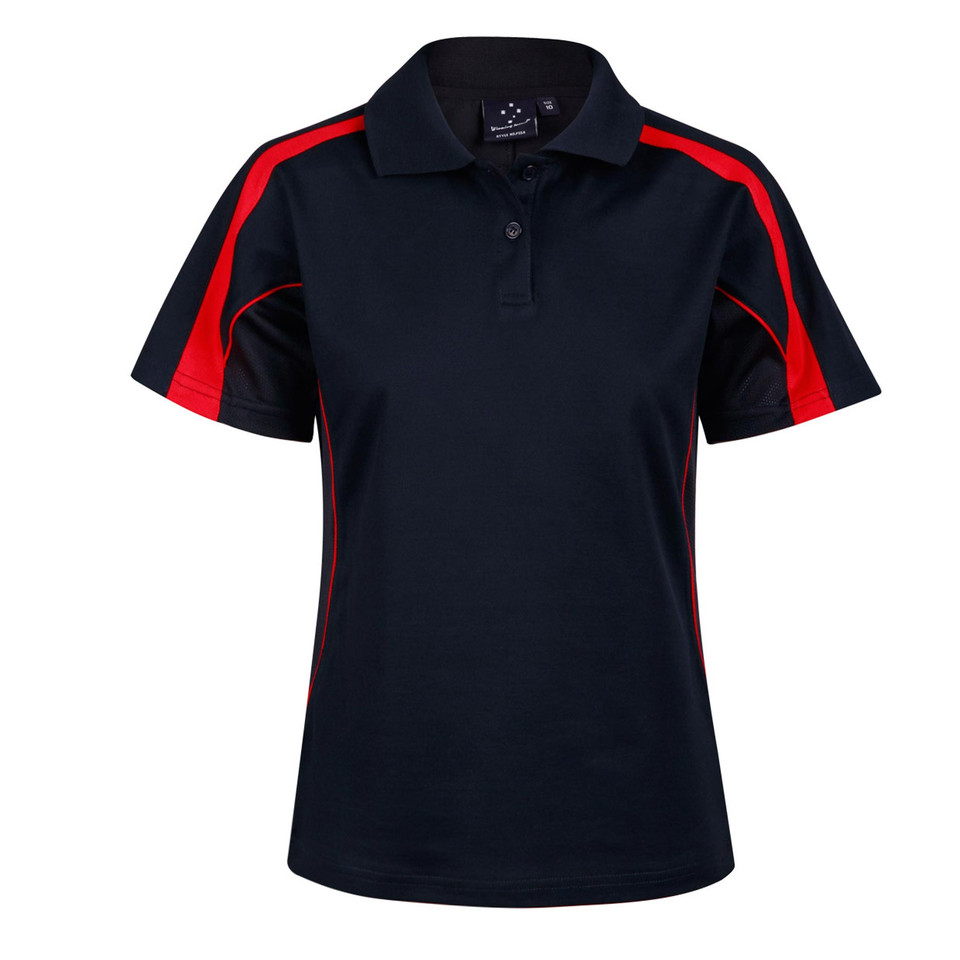 Navy ladies polo shirt with red and black contrast panels on shoulders and sleeves