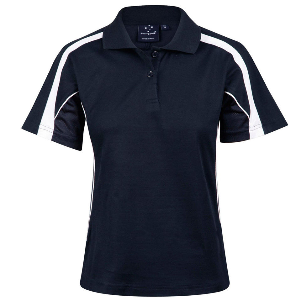 Navy TrueDry ladies sports polo with white contrast panels on shoulders and sleeves