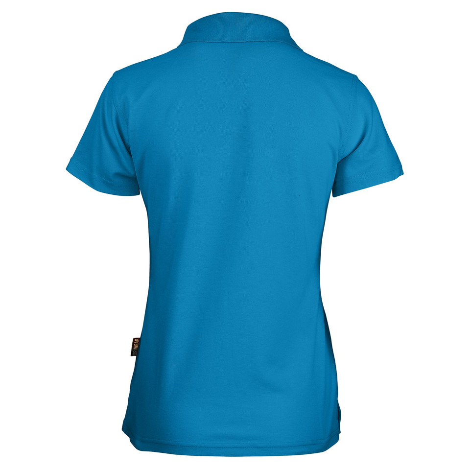 Cyan blue ladies polo shirt back view with short sleeves and collar, smooth easy care finish