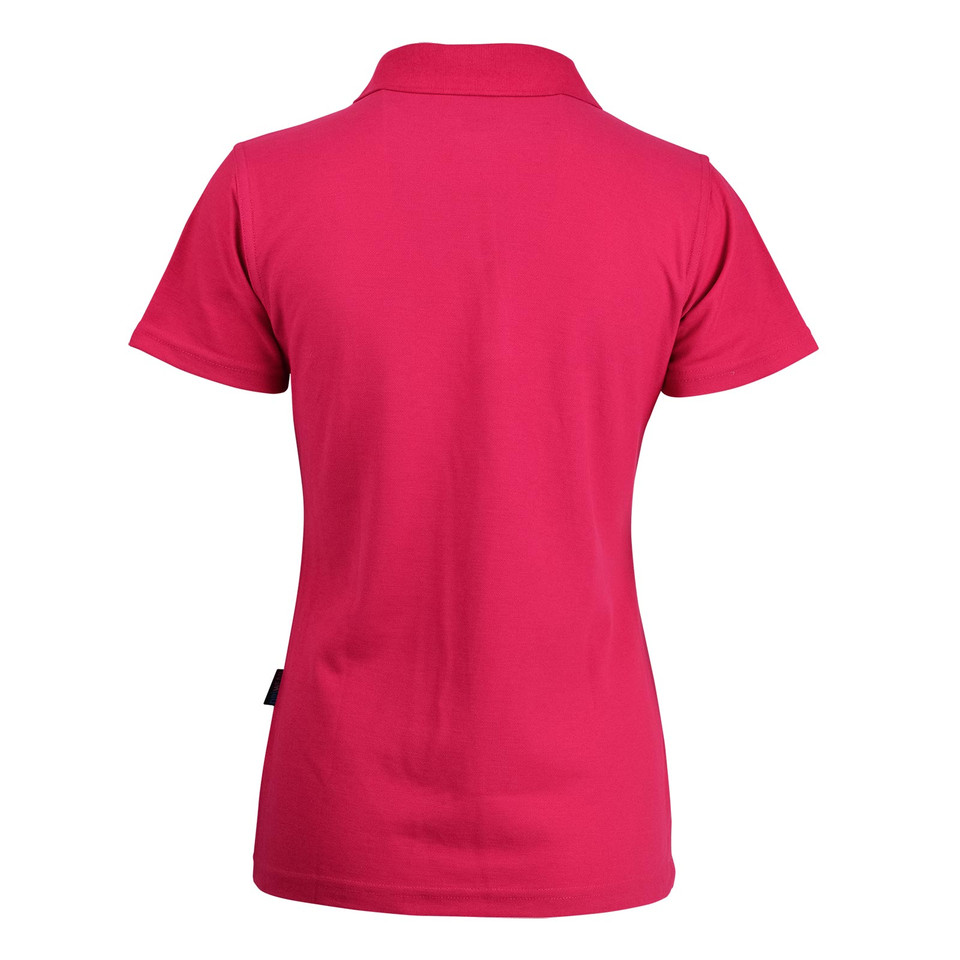 Hot pink ladies polo shirt back view with flat decoration panel and classic collar