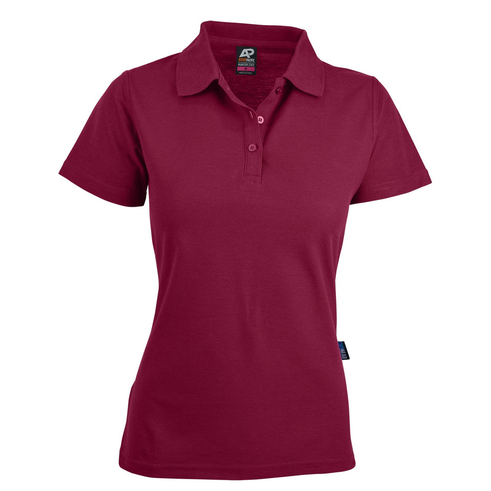 Ladies maroon polo shirt with collar and button placket in easy care poly-cotton fabric