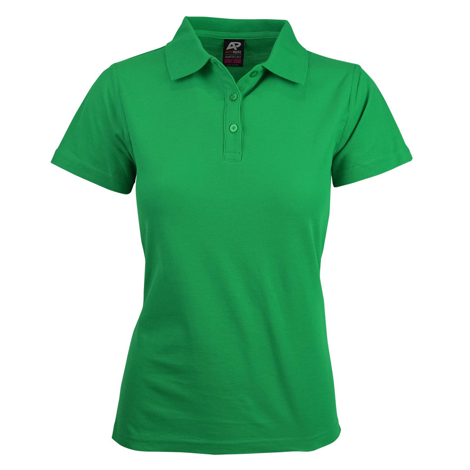 Kelly green ladies polo shirt with collar and button placket in easy care polyester cotton blend