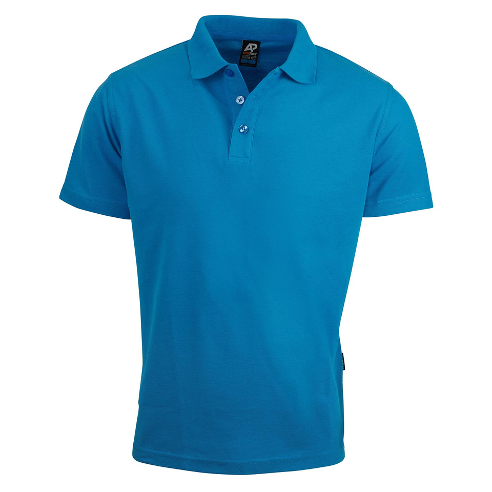 Cyan blue polo shirt with short sleeves and two-button placket in matching colour