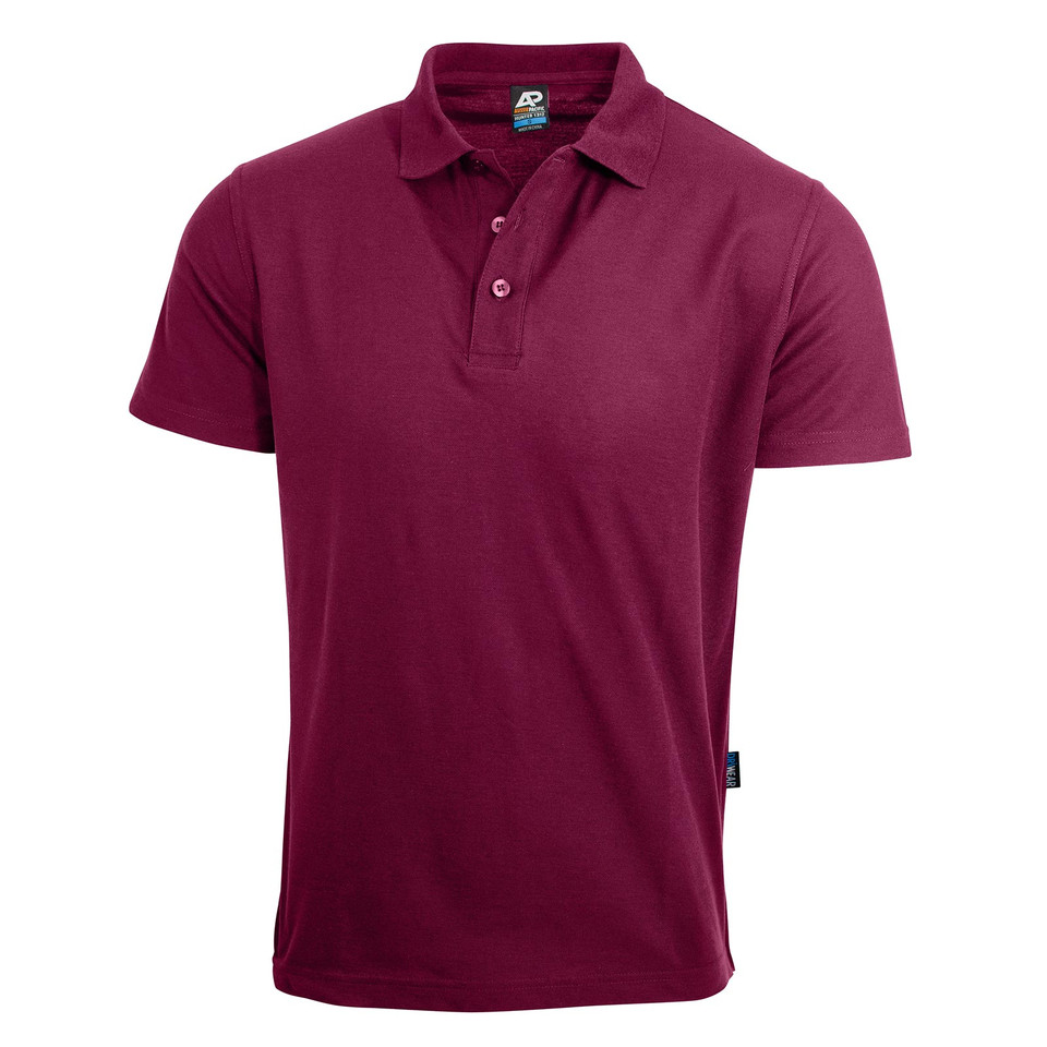 Maroon kids' polo shirt with collar and button placket in easy care poly cotton fabric