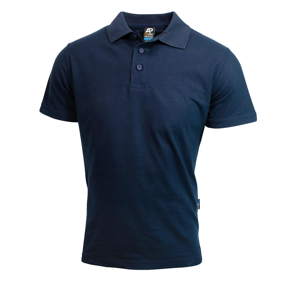 Navy blue kids polo shirt with collar and three-button placket in easy care poly-cotton
