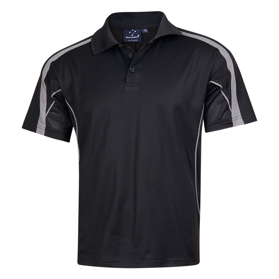 Black polo shirt with grey contrast shoulder panels and sleeve trim, featuring mesh knit panel inserts