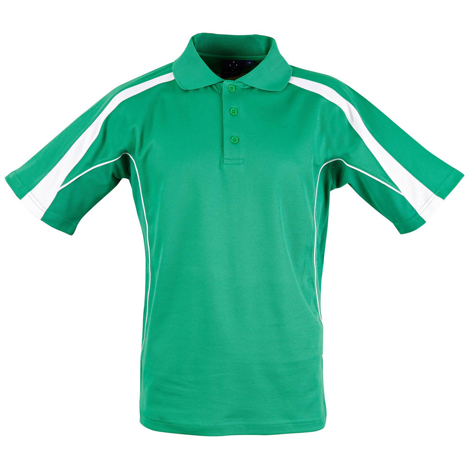 Kelly green kids polo with white contrast sleeve panels and black side piping detail