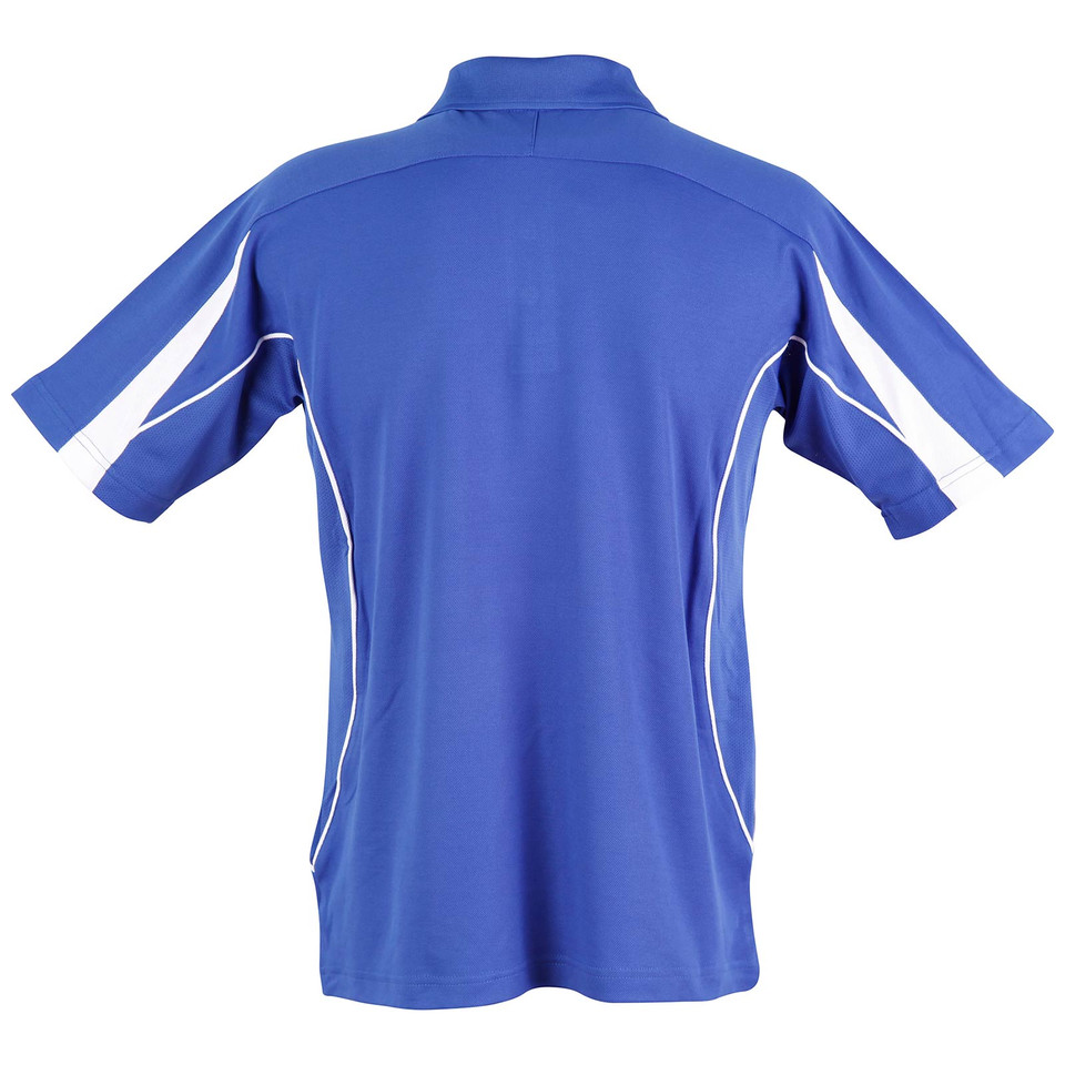 Royal blue kids polo shirt with white contrast piping along shoulders and sides, back view showing collar and sleeves