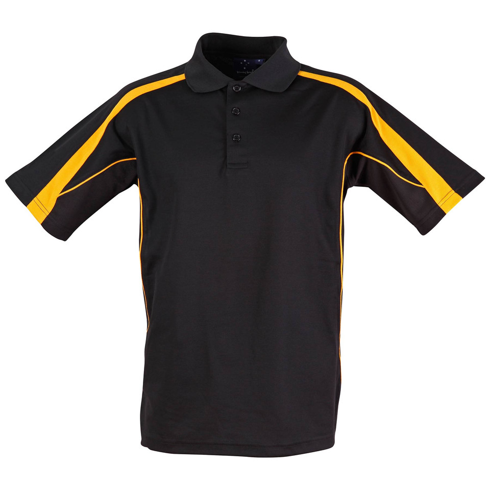 Black kids polo shirt with gold shoulder panels and white side contrast piping detail