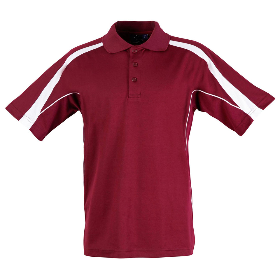 Maroon polo shirt with white contrast piping along shoulders and sleeves, featuring button placket