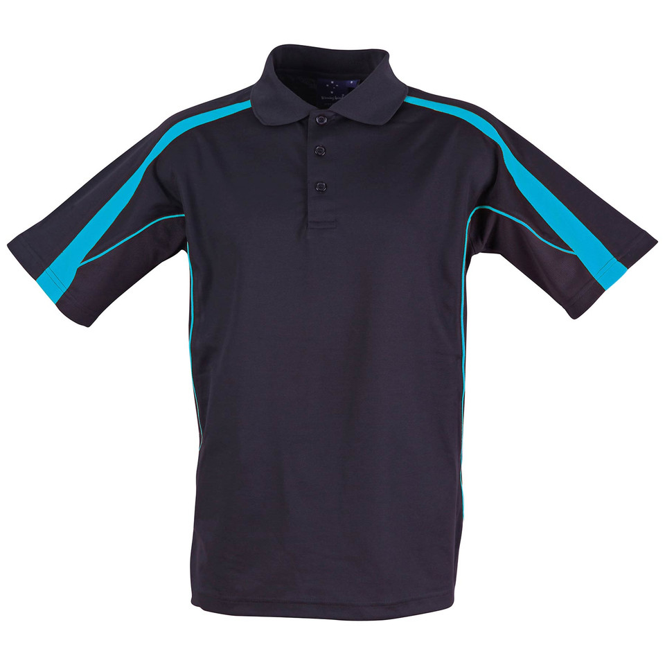 Charcoal polo shirt with cyan contrast panels on shoulders and sleeves, featuring mesh knit fabric and button placket