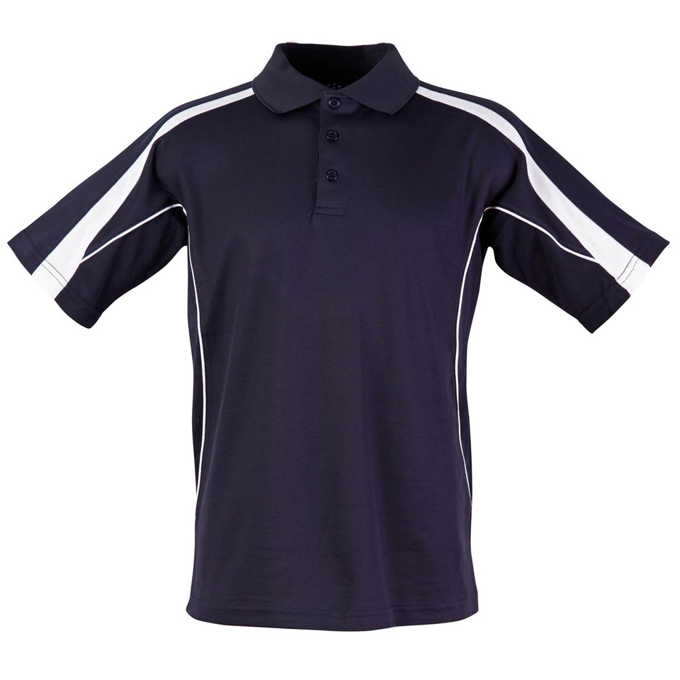 Navy+White LOYAL Kids TrueDry Contrast Sport Polo Shirt featuring moisture-wicking technology, breathable mesh panels, and a vibrant contrast color design for school sports and junior athletics.