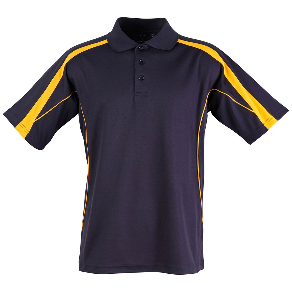 Navy+Gold LOYAL Kids TrueDry Contrast Sport Polo Shirt featuring moisture-wicking technology, breathable mesh panels, and a vibrant contrast color design for school sports and junior athletics.