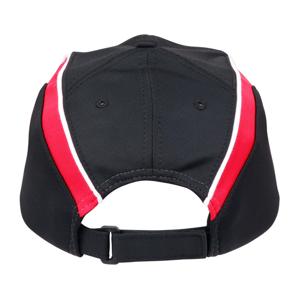 Black CoolDry mesh cap with red and white racing stripe panels and adjustable rear strap