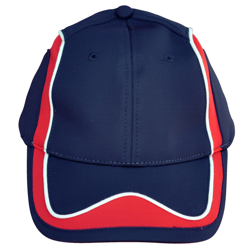 Navy CoolDry pique mesh baseball cap with red and white contrast trim panels and piping