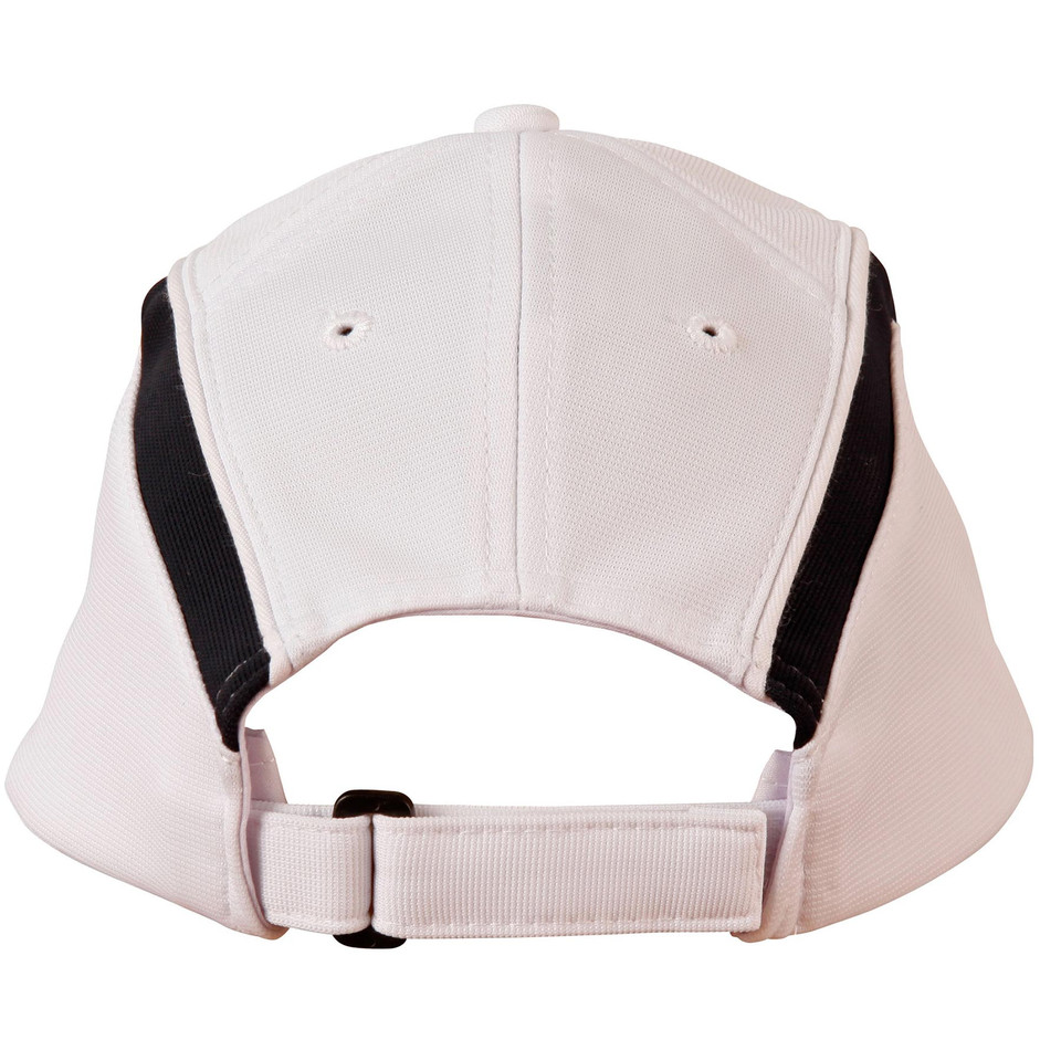 Rear view of white CoolDry baseball cap with black side panels and adjustable strap closure