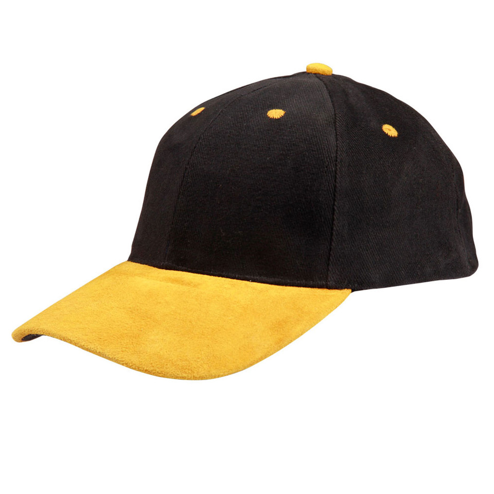 Black cotton cap with gold suede peak and matching eyelets