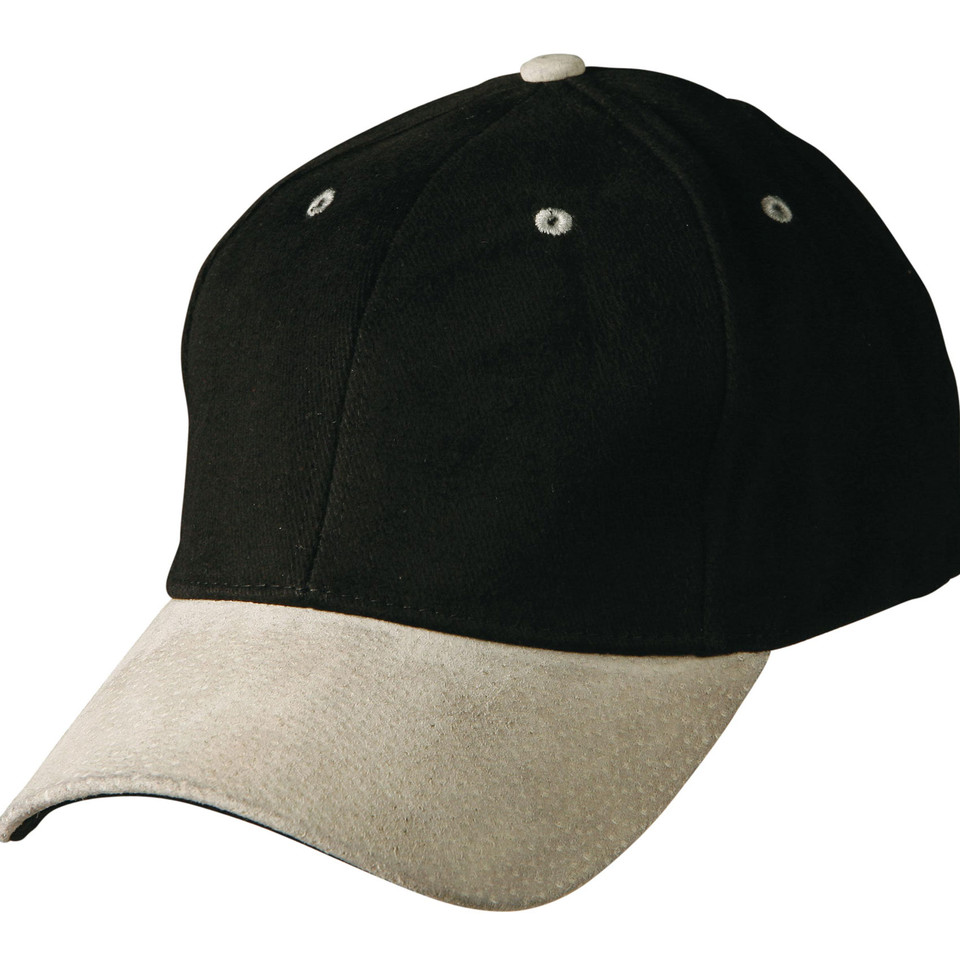 Black cotton cap with contrast sand suede peak and matching eyelets