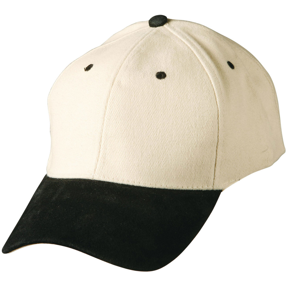 Natural cotton cap with black suede peak and contrast eyelets
