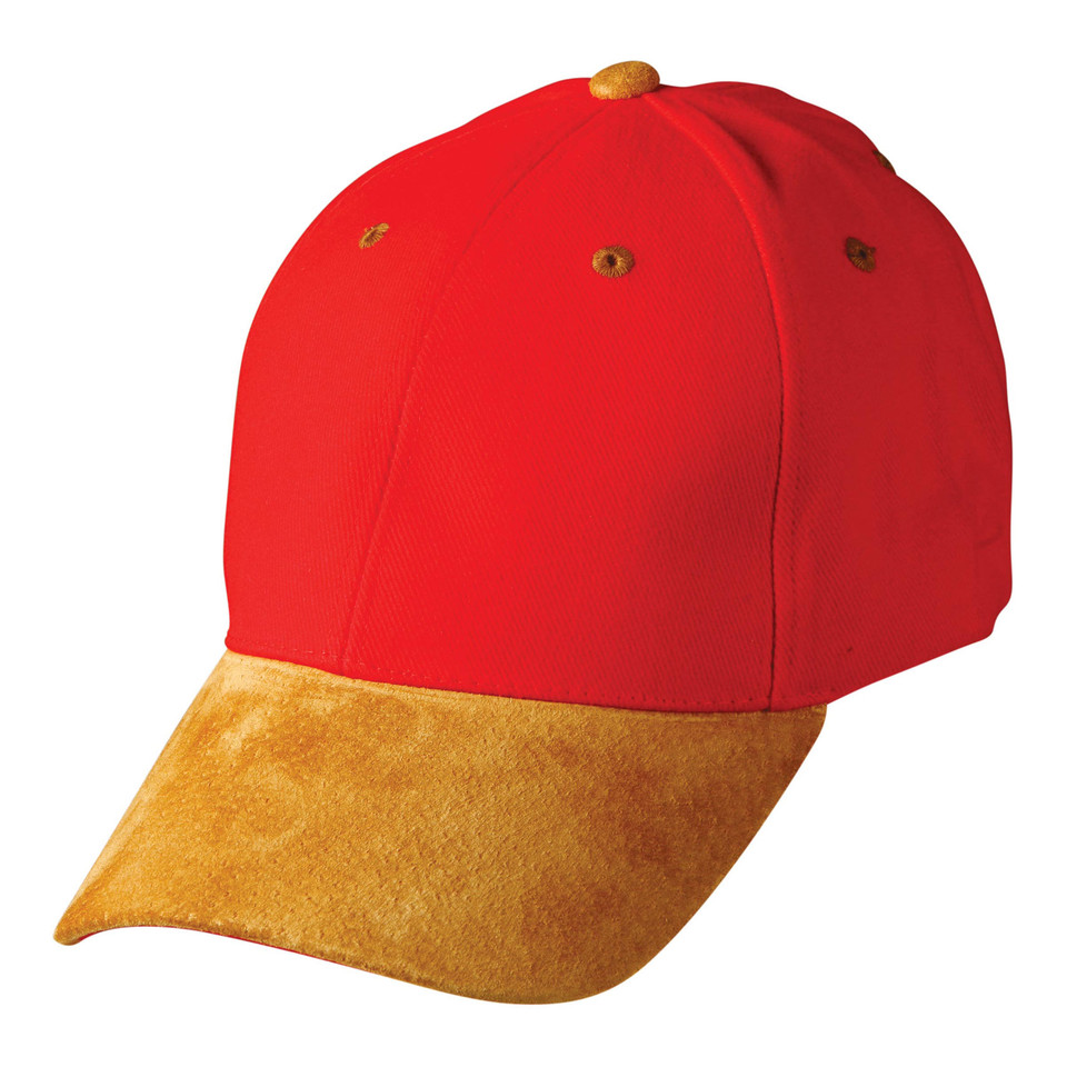 Red cotton cap with contrasting gold suede peak and matching top button