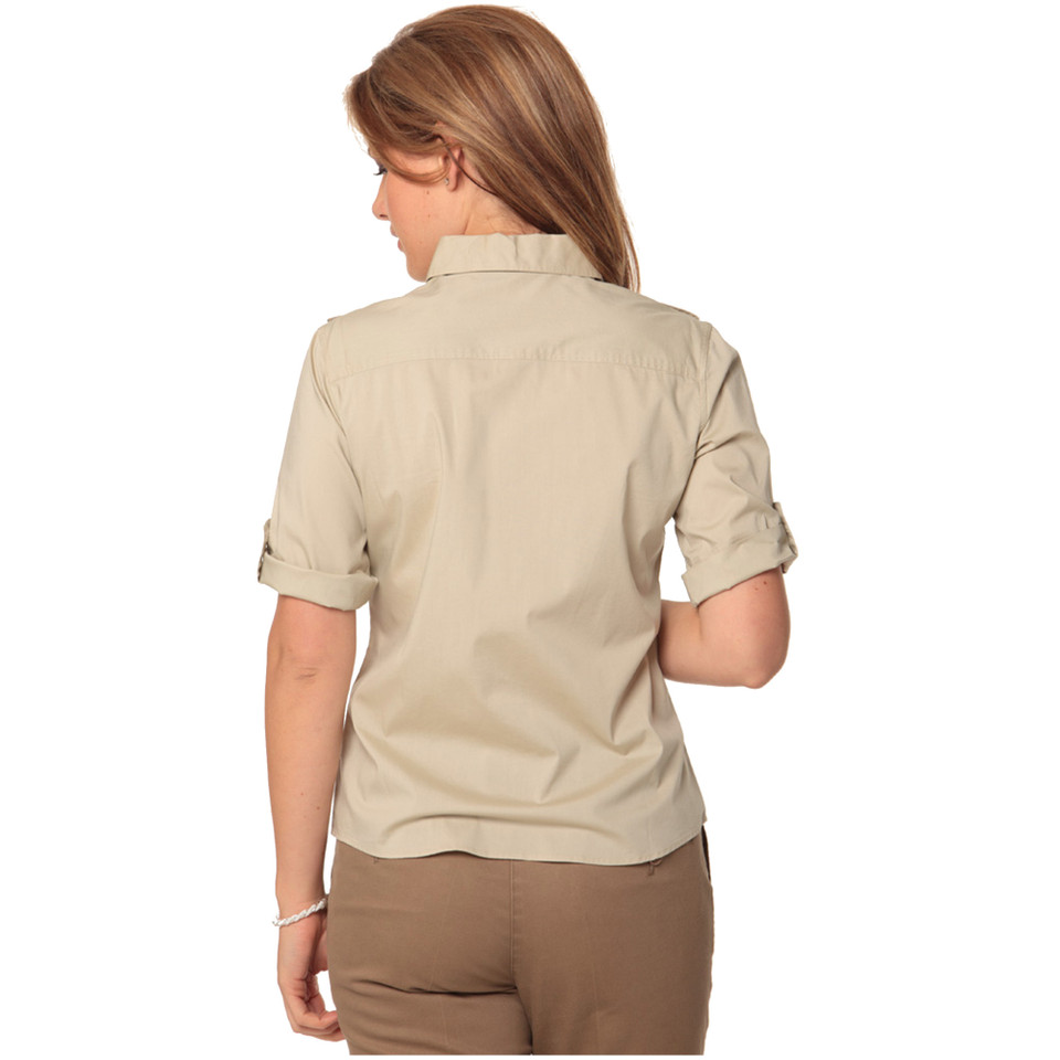 Back view of beige short sleeve military shirt with roll-up tab sleeves and structured collar
