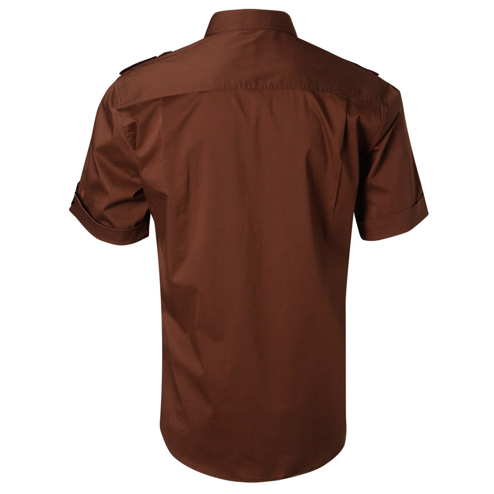 Chocolate brown short sleeve military shirt with shoulder epaulettes and twin chest pockets, back view