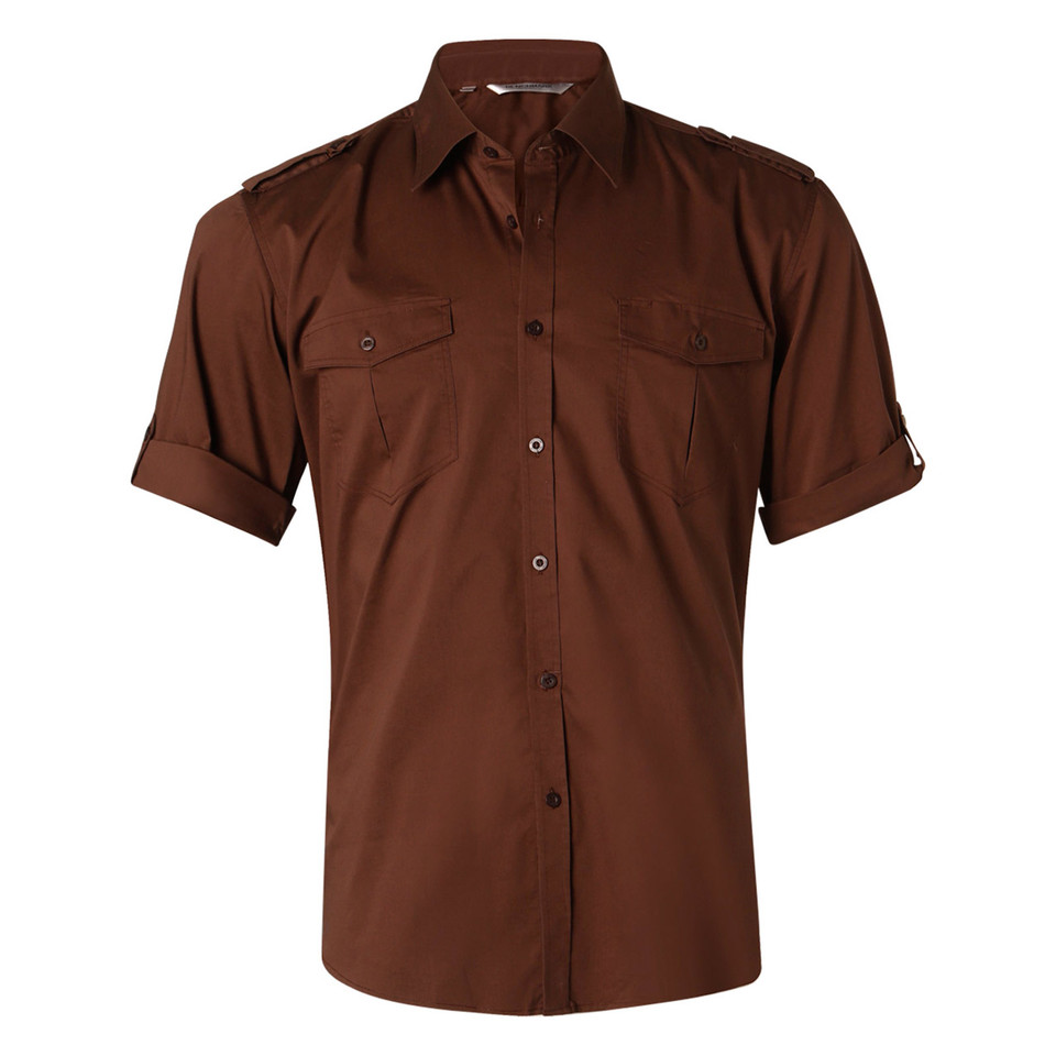 Mocha Brown Capitol Men's Short Sleeve Military Shirt, a durable, short-sleeve utility shirt with button-down chest pockets, ideal for workwear or casual uniform.