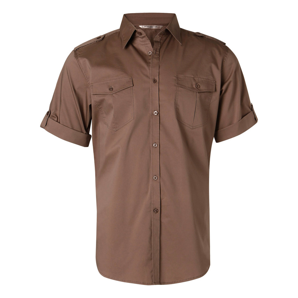 Taupe brown short sleeve military shirt with dual chest pockets, shoulder epaulettes, and button-through front