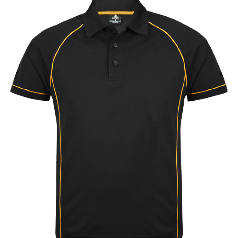 Black sports polo shirt with gold contrast piping on shoulders, sides and sleeves