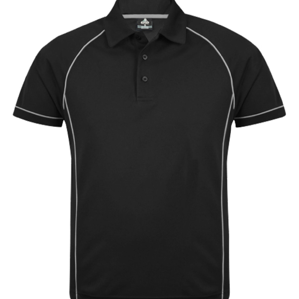 Black sports polo shirt with white contrast piping along shoulders, sides and sleeve hems