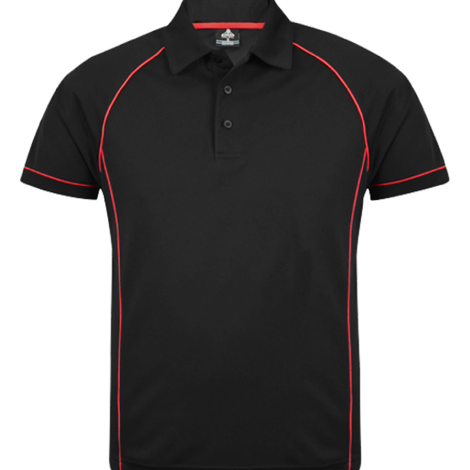 Black polo shirt with red contrast piping along shoulders, sides and sleeves