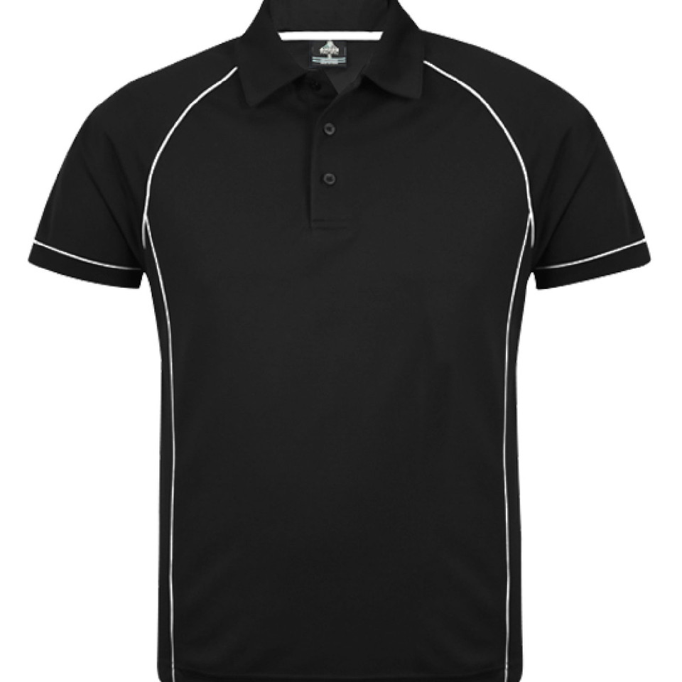 Black sports polo shirt with white contrast piping detail along shoulders, sleeves and sides