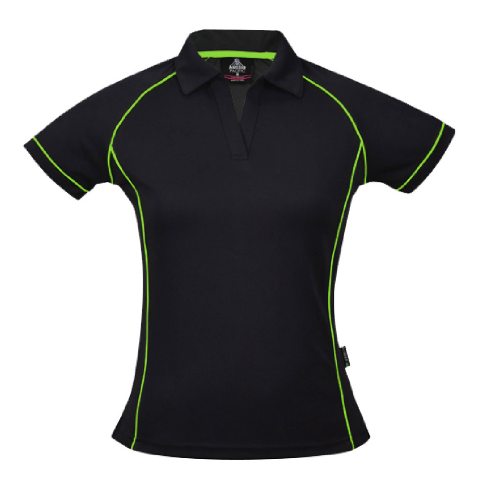Black ladies sports polo with lime green contrast piping along sleeves, sides and collar