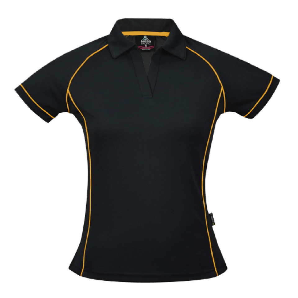 Black ladies sports polo with gold contrast piping detail along shoulders, sides and sleeves