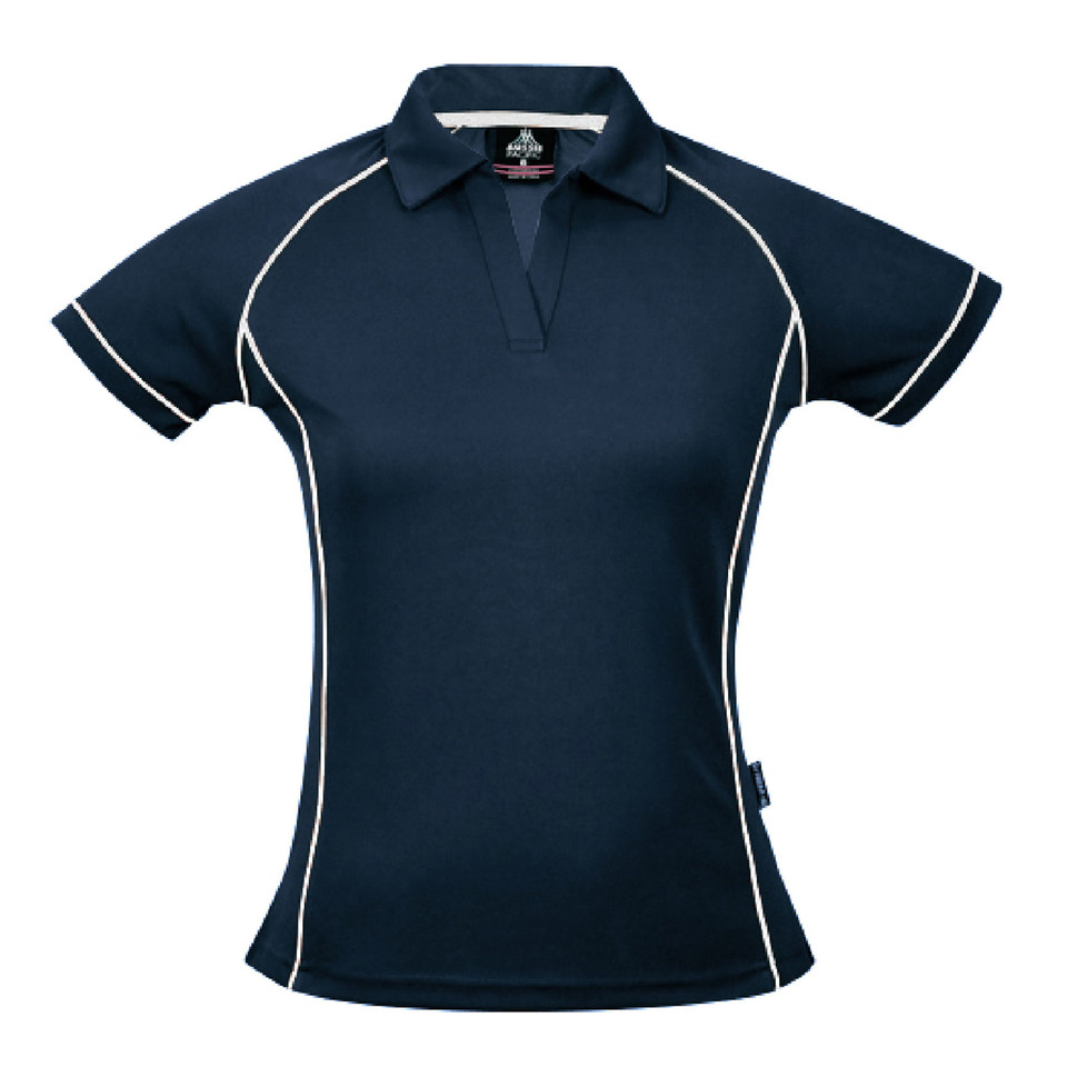 Navy ladies sports polo with white contrast piping along raglan sleeves and collar