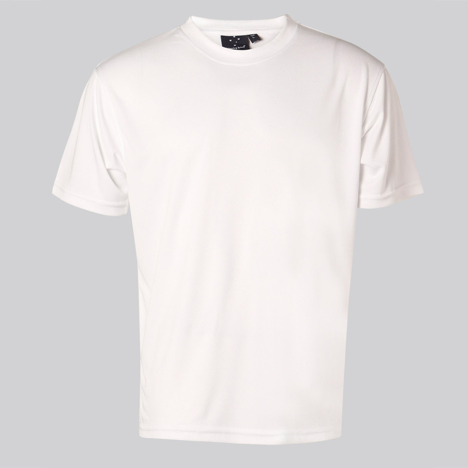 White crew neck mesh knit tee with short sleeves and smooth finish ideal for decoration