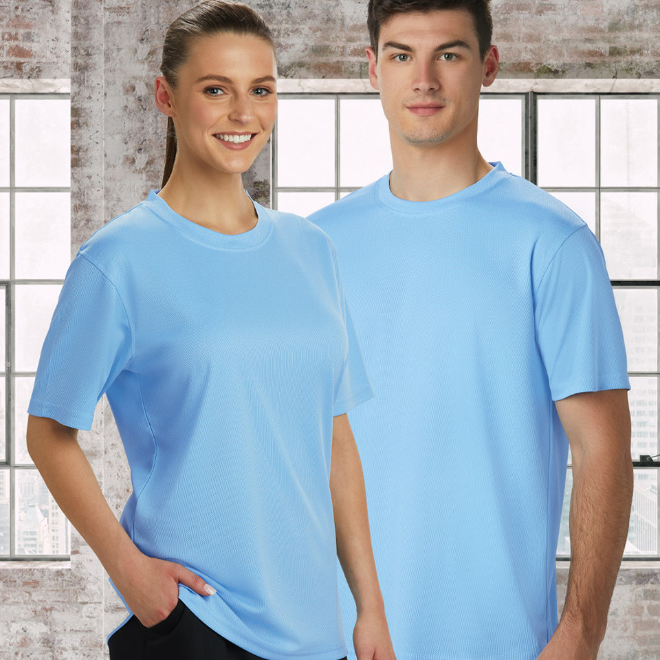 Light blue unisex crew neck tees with mesh knit fabric and set-in sleeves on models