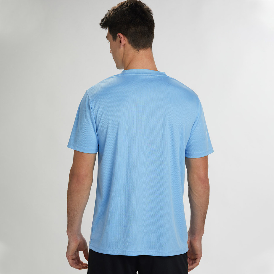 Sky blue mesh knit t-shirt with crew neck and short sleeves, rear view showing smooth back panel
