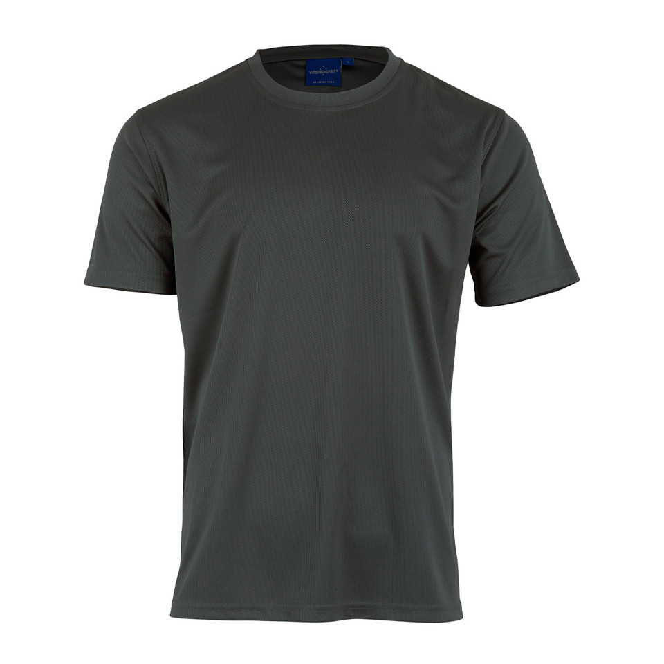 Charcoal grey unisex crew neck t-shirt with smooth athletic mesh knit fabric and short sleeves