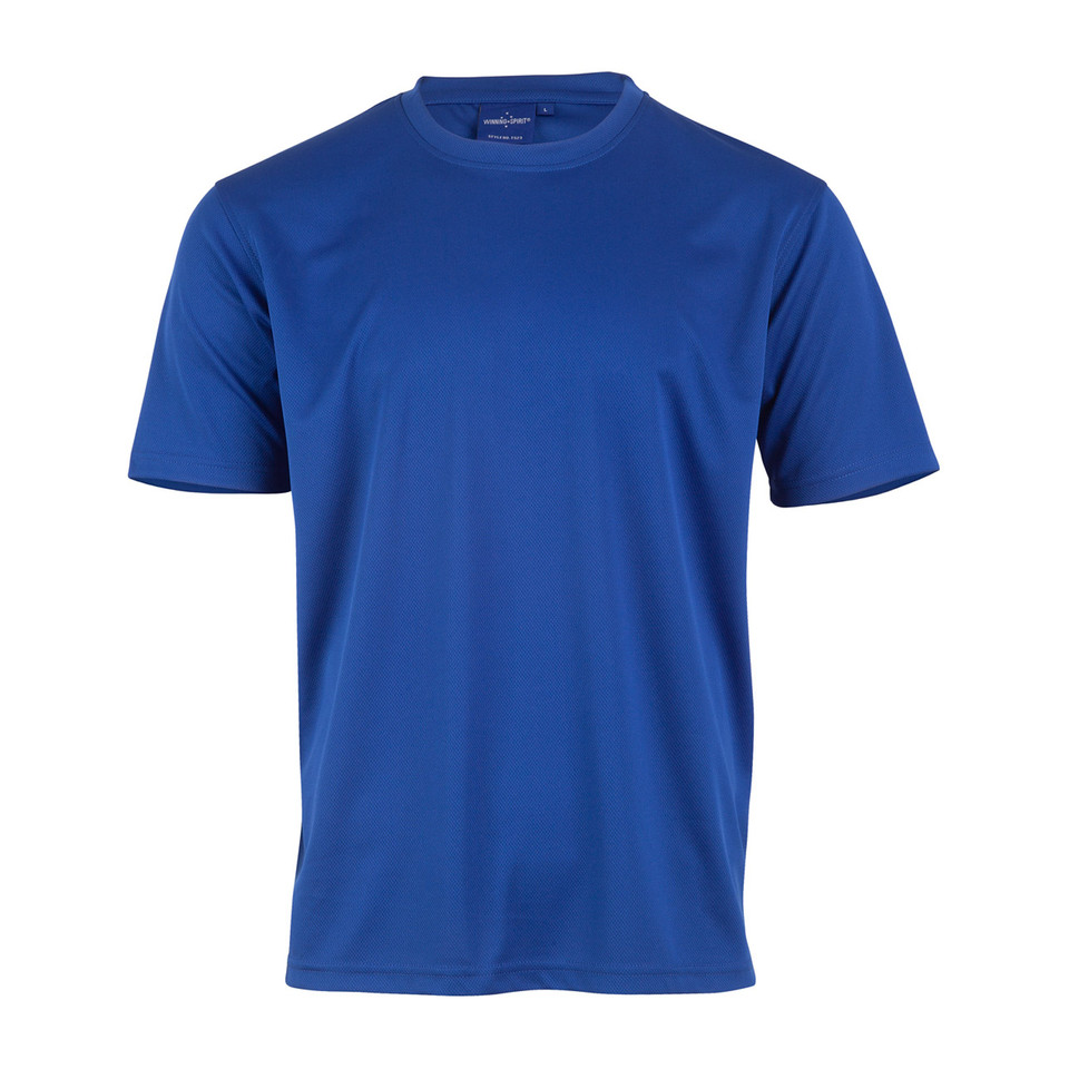 Royal blue crew neck performance tee with mesh knit fabric and short sleeves