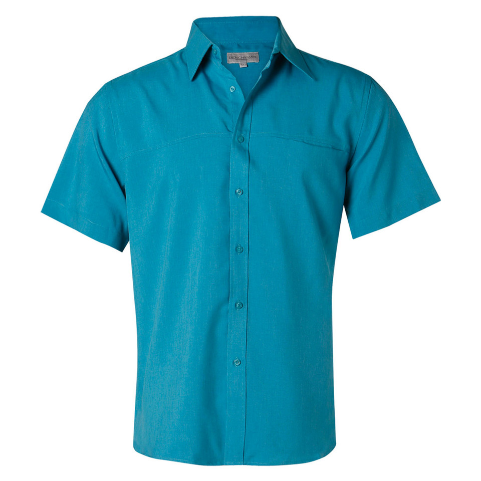 Teal short sleeve men's button-up shirt with point collar, chest pocket, and smooth CoolDry fabric