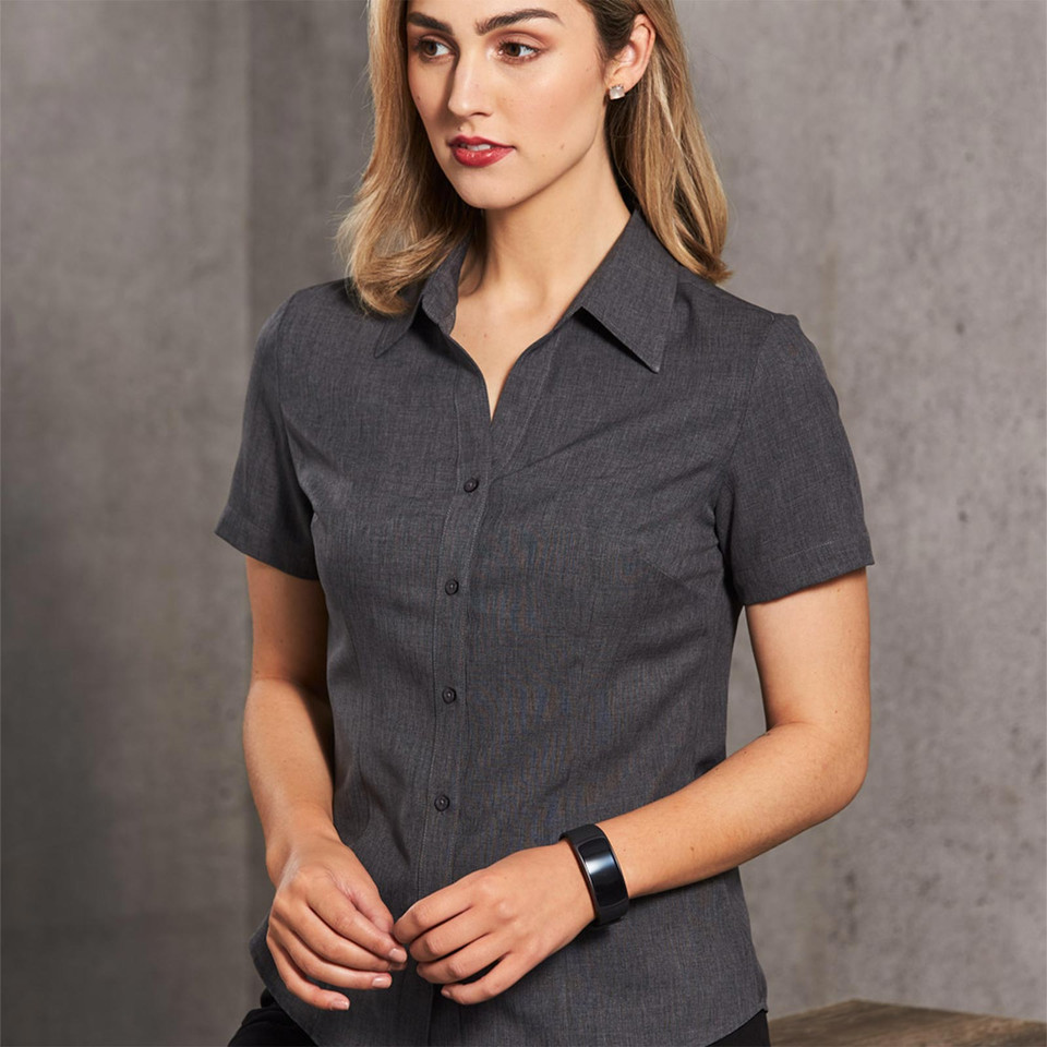 Charcoal grey women's short sleeve business shirt with button-front closure and chest pockets