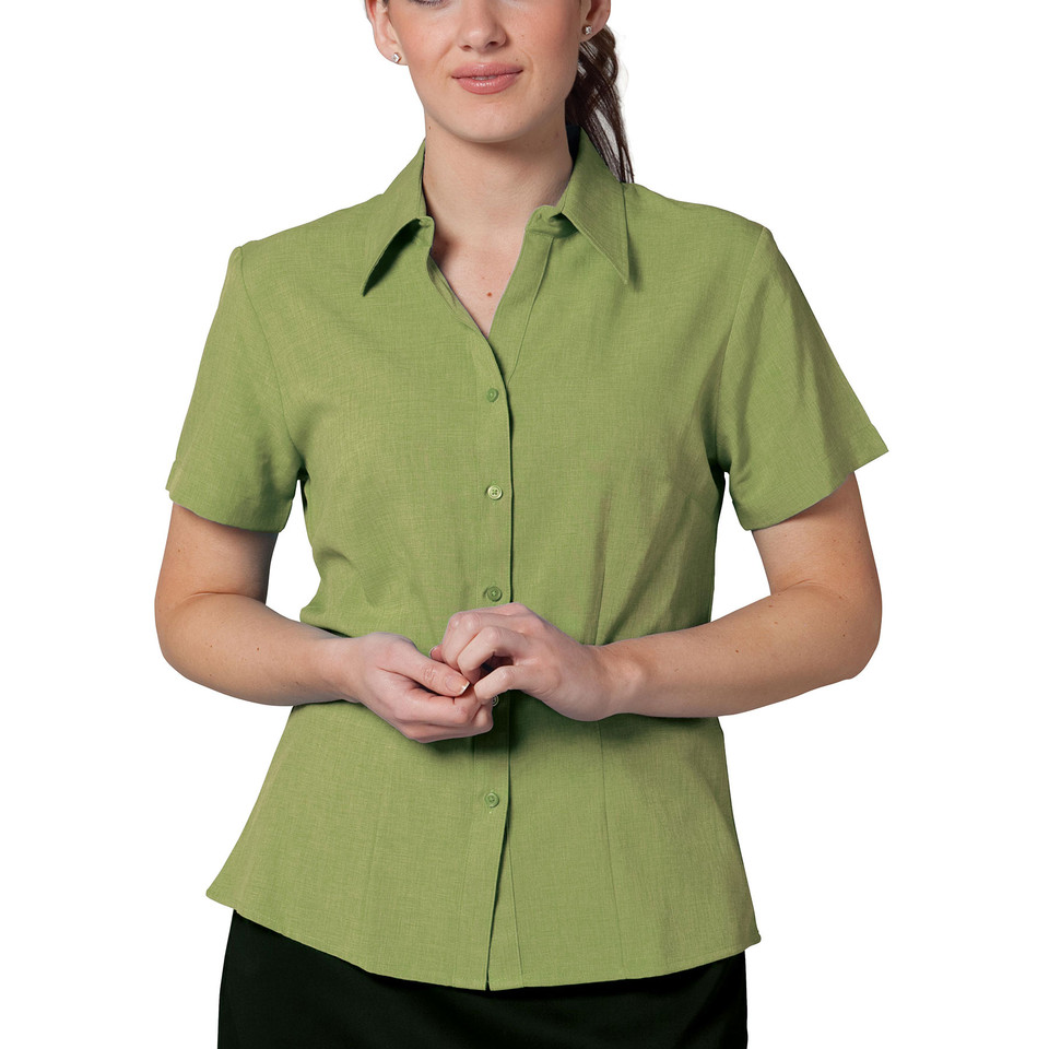 Sage green short sleeve collared shirt with button-front closure and tailored fit