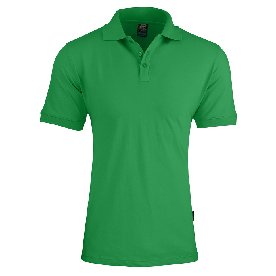 Green Plain Connect men's short-sleeve polo shirt, made from cotton stretch pique knit fabric, ideal for corporate, casual, and uniform embroidery.