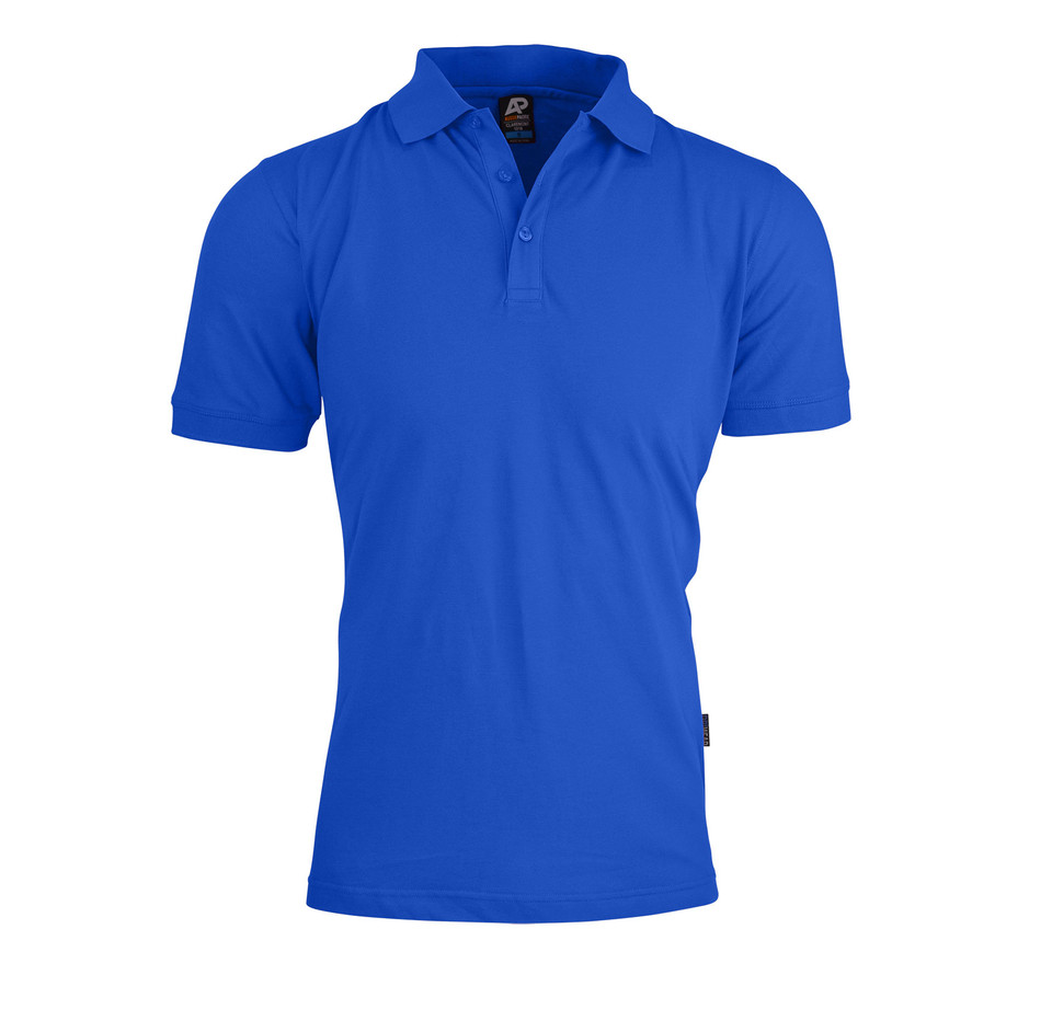 Royal blue pique knit polo shirt with collar and short sleeves on white background