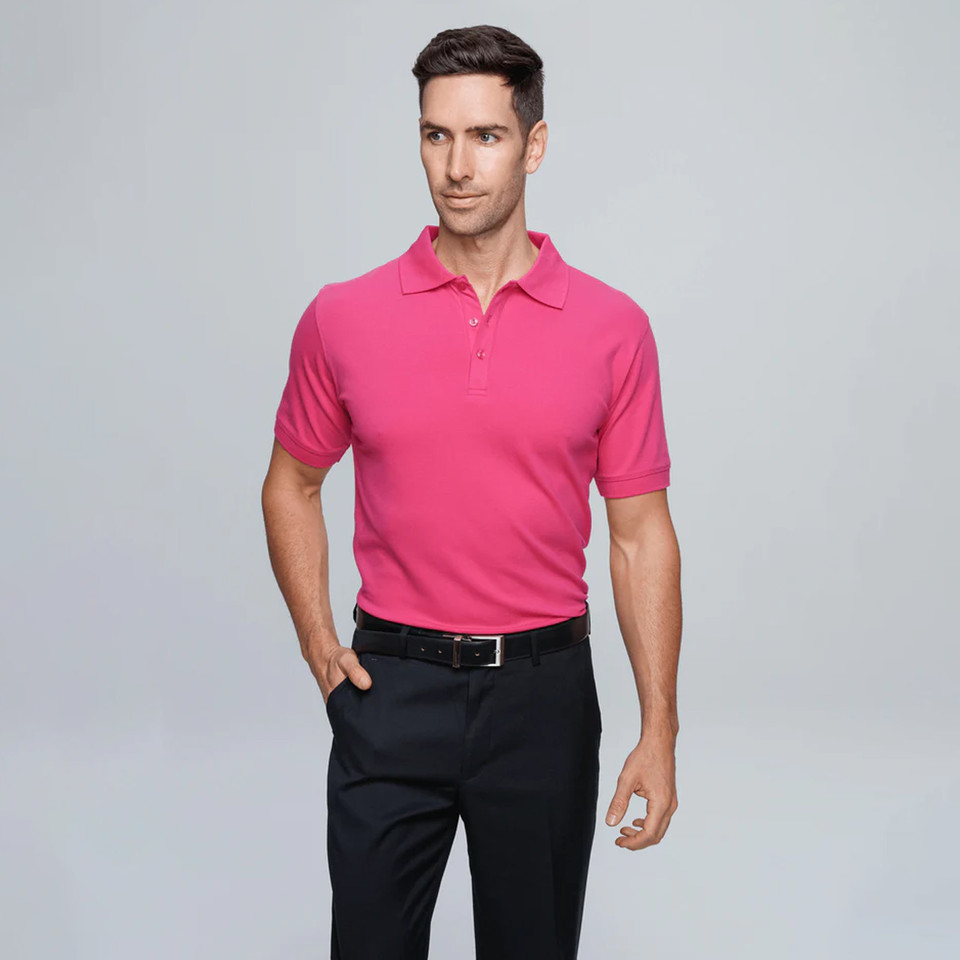 Plain Connect men's short-sleeve polo shirt, made from cotton stretch pique knit fabric, ideal for corporate, casual, and uniform embroidery.