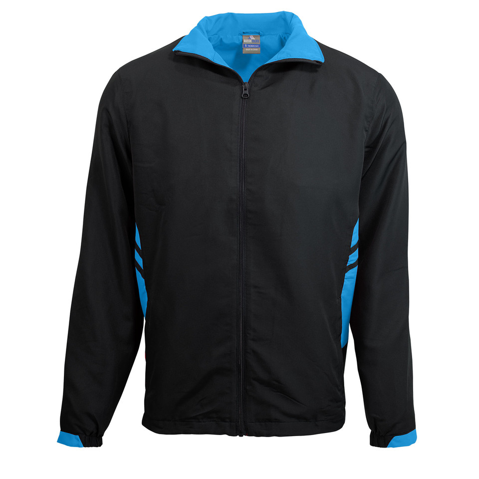 Black sports track jacket with bright cyan blue contrast collar, cuffs and side panel inserts
