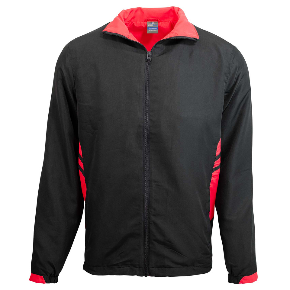 Black+Red Plain Talent men's contrast sports tracktop jacket, made from polyester with jersey lining and a full zip, ideal for team uniforms and custom embroidery/branding.